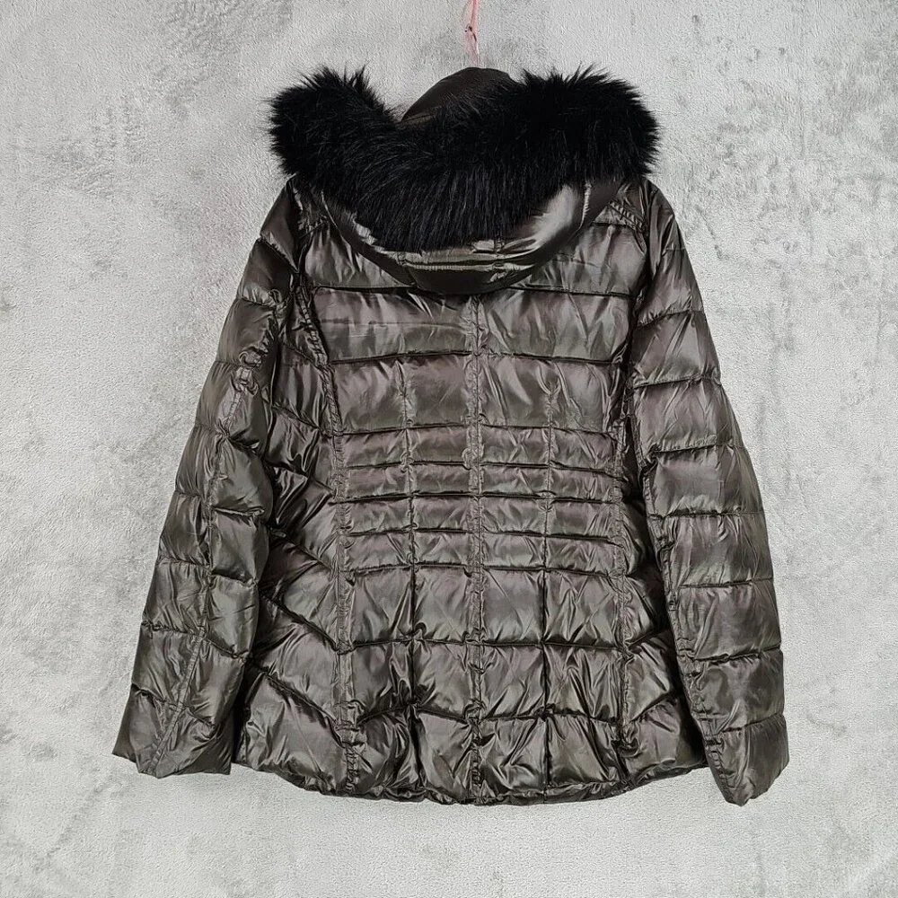 Calvin Klein Duck Down Puffer Jacket Womens Size M Brown Faux Fur Trim Hood - Picture 2 of 10